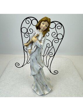 Vintage Rustic White Christmas Angel Figurine With Metal Wings Gold Trumpet 11"